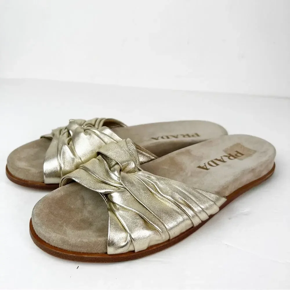 SZ 37.5 Prada Metallic Gold Leather Slide Sandals - Picture 3 of 7